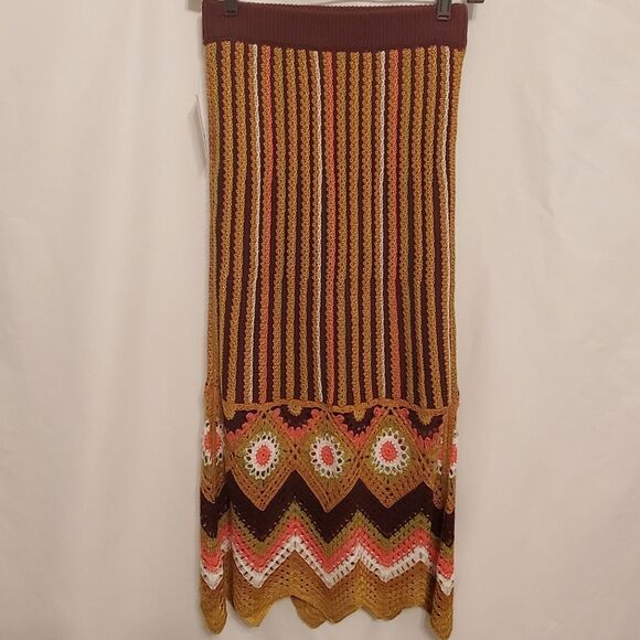 NWT SO Goods for Life Women's Skirt XS Brown Orange Crochet Knit Midi Boho - Picture 10 of 16